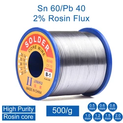 Fio de solda Tin Rosin Core para reparo elétrico, IC Repair, 500g, 0.5mm, 0.8mm, 1.0mm, 2.0mm, 60%