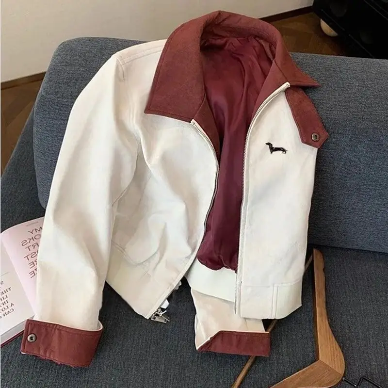 2026 autumn Korean version of high-end contrasting color splicing lapel tooling jacket femininity short zipper jacket top