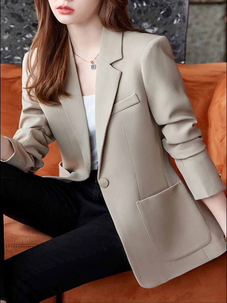 Vrouwen Lange Mouwen Leisure Blazer Jas Nieuwe Lente Herfst Professionele Blazer Vrouwelijke Top Mode Slanke Zak Knop Jasje