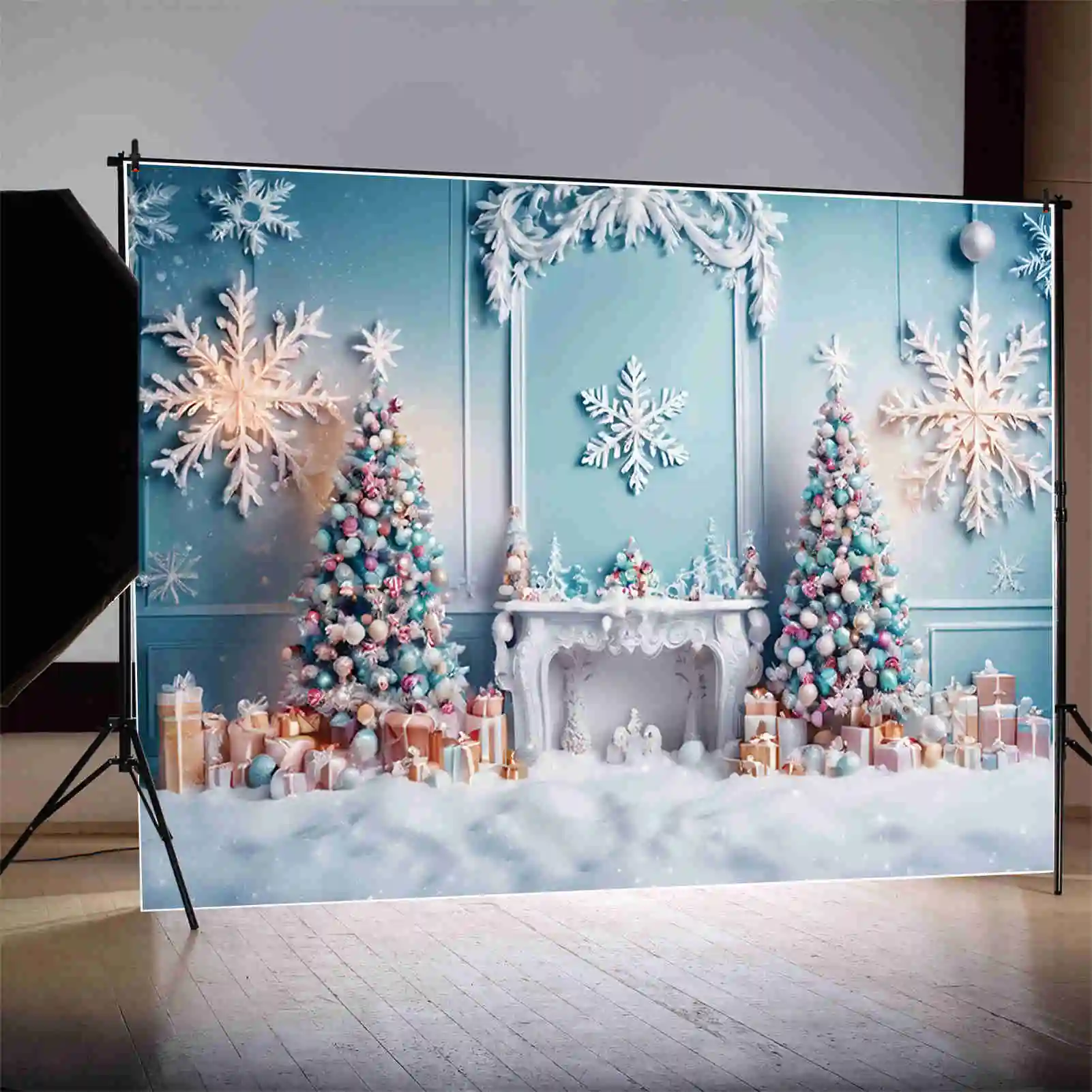 MOON.QG Snow Winter Christmas Tree Backdrop New Year Living Room Fireplace Baby Interior Background Party Decor Photo Zone Props