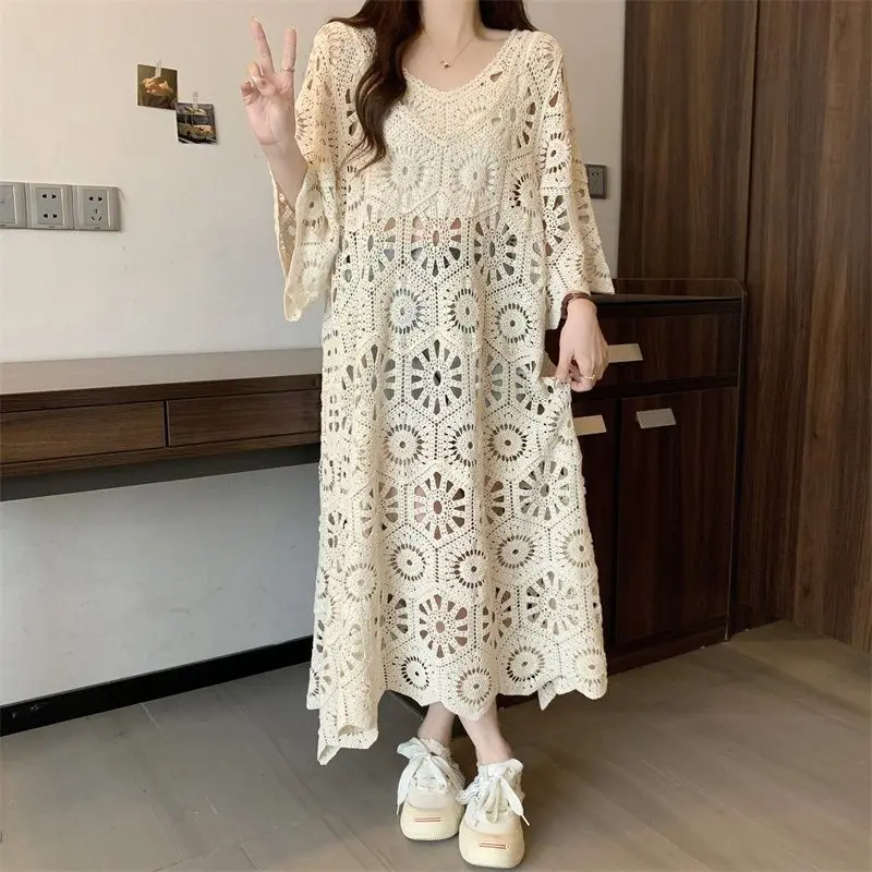 

Summer Maxi Dress Plus Size Trendy Design Embroidery Crochet Three-quarter Sleeves Hollow-out Dress Women Beach Robe Dresses