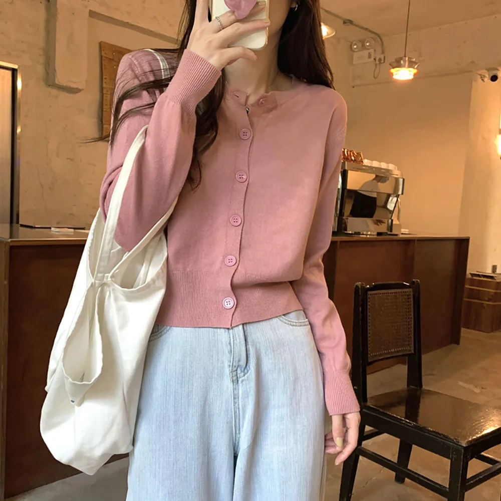 Spring New Slouchy Soft Knitwear Tops For Women Solid Round Neck Long Sleeved Cardigan Sweater Fall Casual Simple Ladies Coat