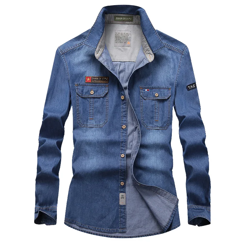 New Spring Man Long-sleeved Denim Shirts Men Outdoor Multi-pocket Tooling Shirts High Quality Male Cotton Casual Jeans Shirts 4