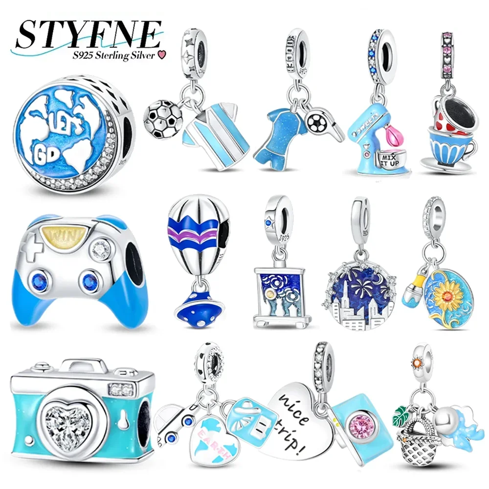 

Blue Series Silver 925 Camera Game Machine Football Jersey Beads Pendant Fit Woman Bracelet Necklace Jewelry Charms DIY Gift