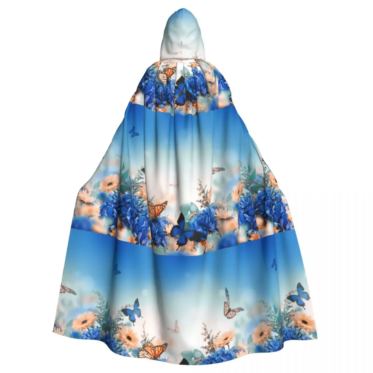 Blue Hydrangeas And Daisies Floral Butterflies Unisex Adult Cloak with Hood Long Witch Costume Cosplay