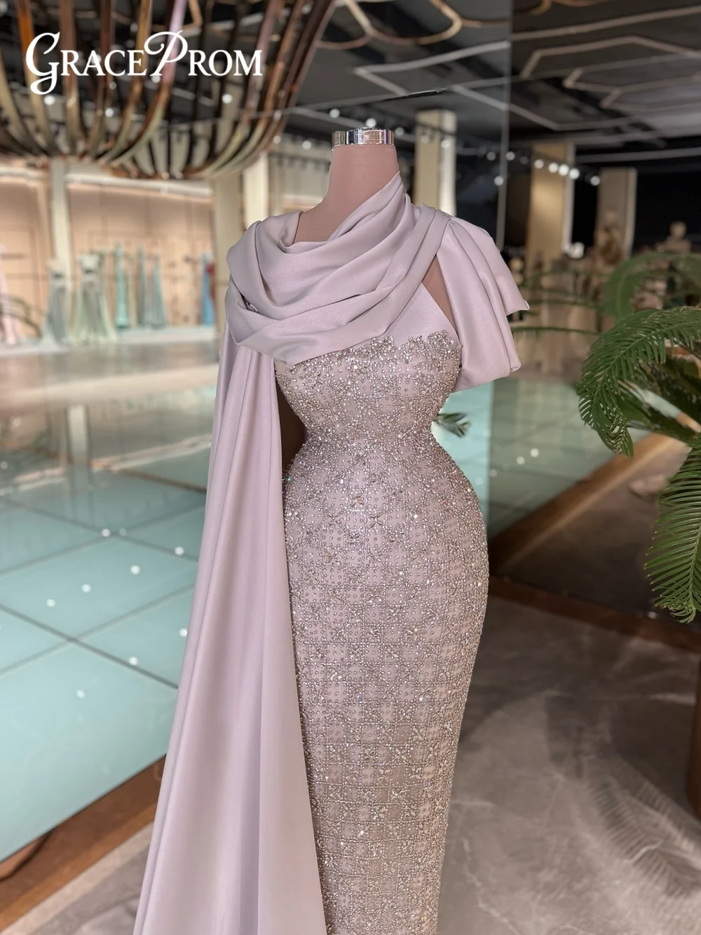 فستان سهرة ساحر مزين بالترتر، فستان سهرة كريستالي رائع على شكل حرف A، فستان كلاسيكي بدون أكمام بطول الأرض #2