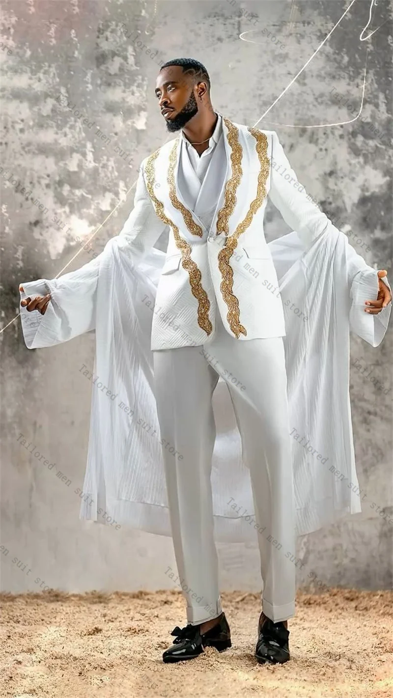 

White Men Suits Set 2 Pieces Blazer+Pants Trousers Gold Crystals Wedding Tuxedos Jacket Formal Office Business Groom Male Coat