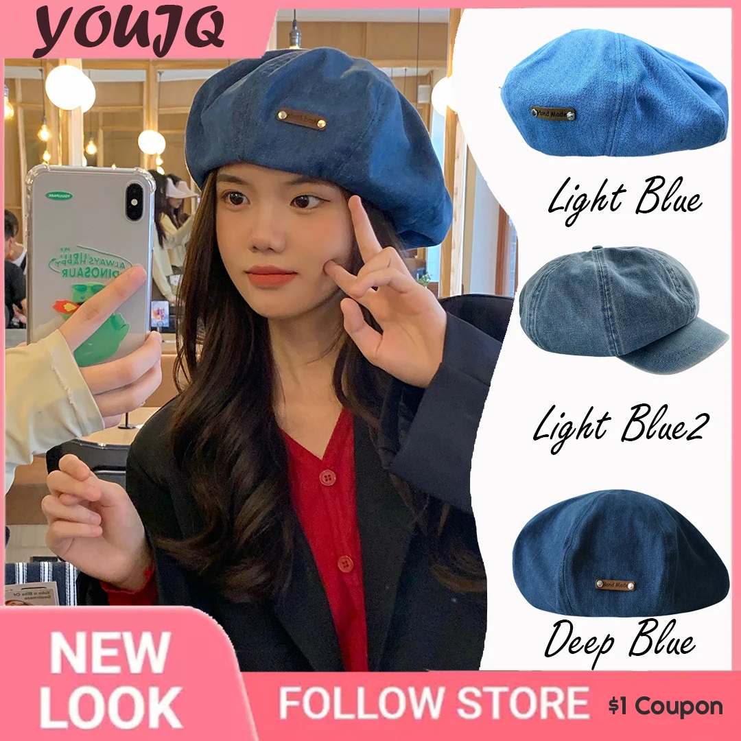 

Y2k Harajuku Adjustable PU Patch Women Big Size Beret Retro Blue Denim Girl Painter Mushroom Hats for Female Sombreros De Mujer