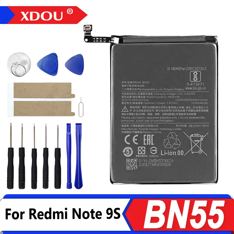 

Совершенно новый аккумулятор BN55 5020 мАч для Xiaomi Redmi Note 9 S Note 9S Note9S, сменные аккумуляторы для телефона + инструменты
