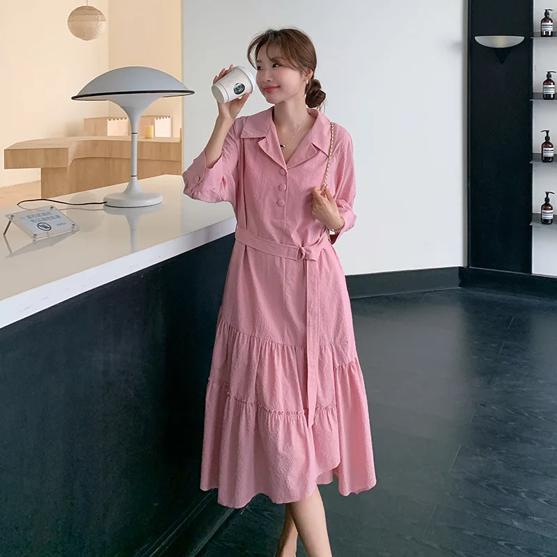 SuperAen robe à revers 2025 nouvelle taille haute robe d'épissure irrégulière à manches longues ceinture robe chemise