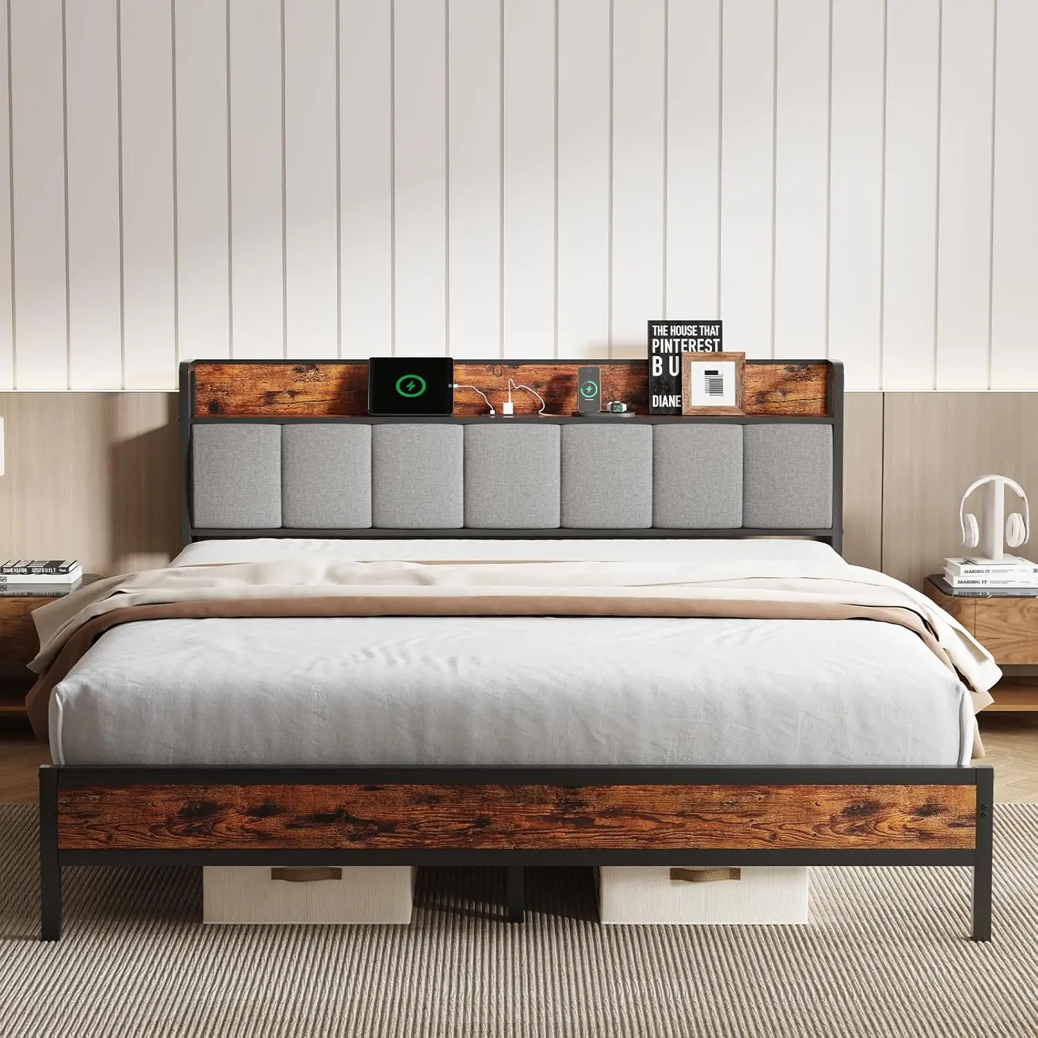 

Extra Large Bed Frame with Charging Station USB/Type-C and Storage Headboard, Modern Metal Platform Bed Frame, Easy To Assemble