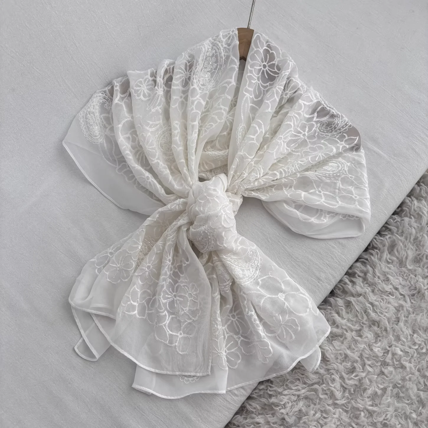 

100% Silk Womens Headscarves 2026 Luxury Brand White Floral Embroider Scarf for Women Hijab Pure Silk Shawl Cape