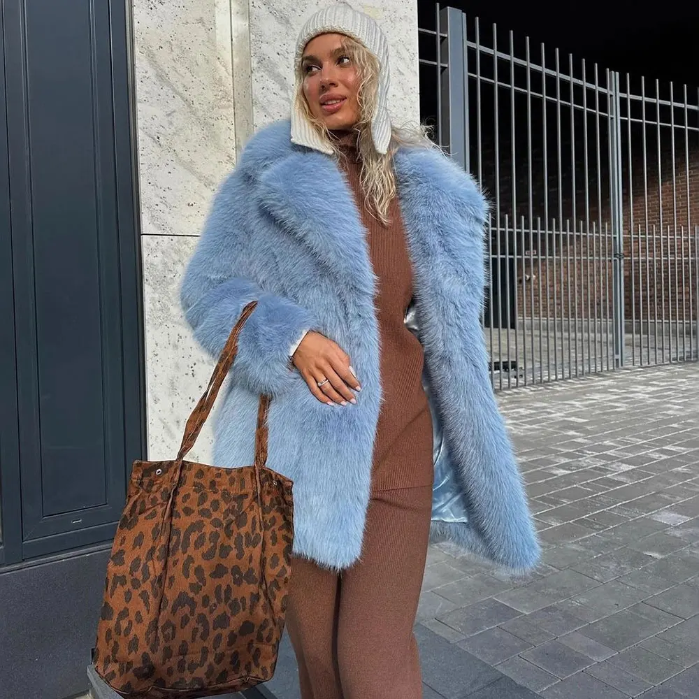 Oversized Mid-Length Women's Faux Fur Coat Suit Collar Loose Imitation Fox Fur Plush Coats Warm Soft Thick Winter Fur Overcoat
