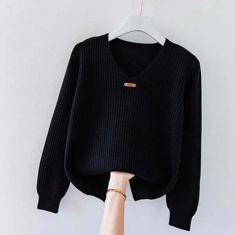 Fashion Women Long Sleeve Knitted Sweaters Spring Autumn New Solid Slim V-Neck Korean Basic Casual Bottoming Pullovers Tops 2022