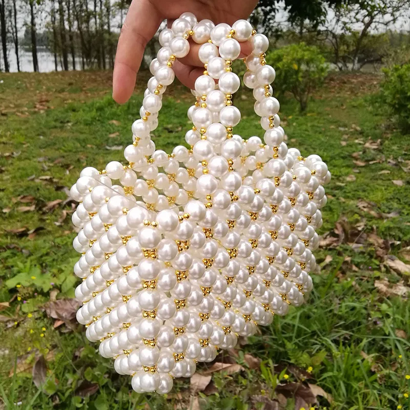 Handmade Beaded Bag White Pearl Gold Small Ball Designer Handbags High Quality Purses and Handbags for Women Square Bag Summer