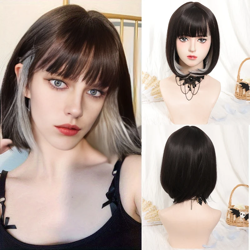 Short straight bangs ear dyed bobo wig heat-resistant synthetic wig for women suitable for parties and daily use