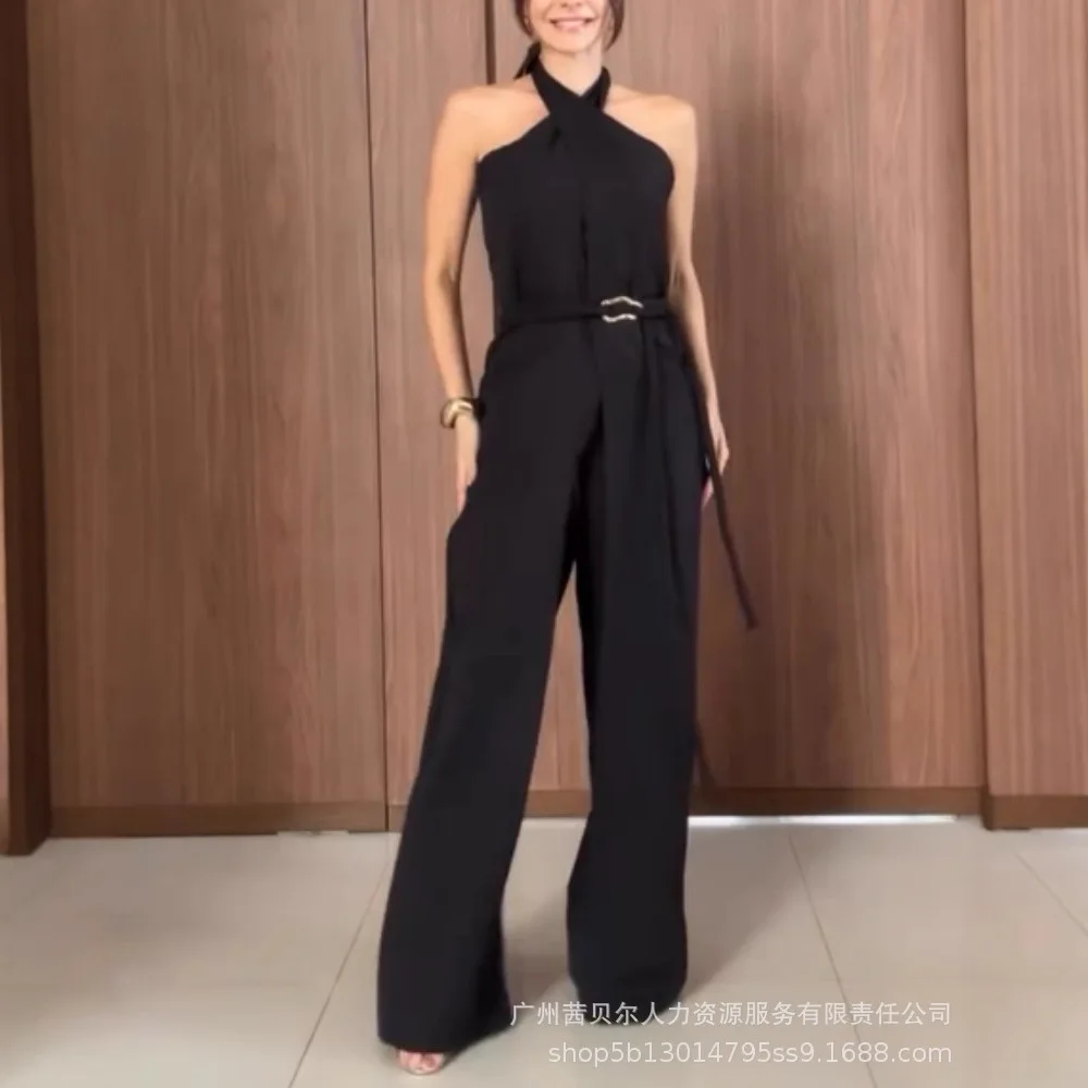 

Women Plain Criss Cross Halter Cold Shoulder Jumpsuit Casual Back Zipper Business Romper with Belt