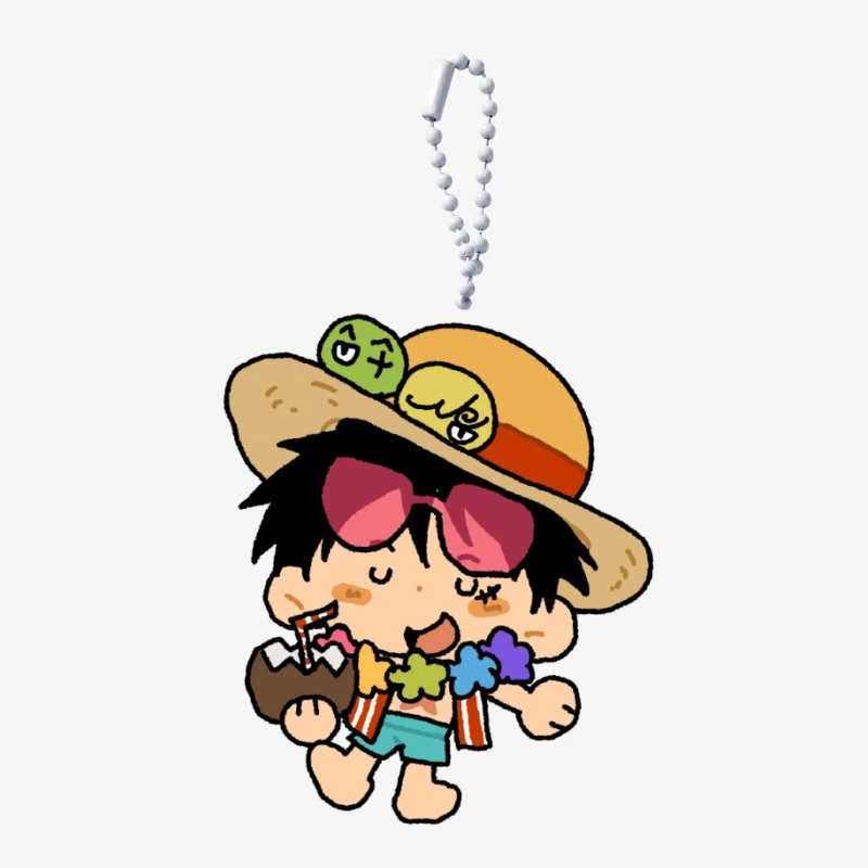 Luffy Vacation Coconut Anime Keychain One Piece Acrylic Key Chain Kawaii Key Ring Bag Pendant Ornament Accessories Friend Gift