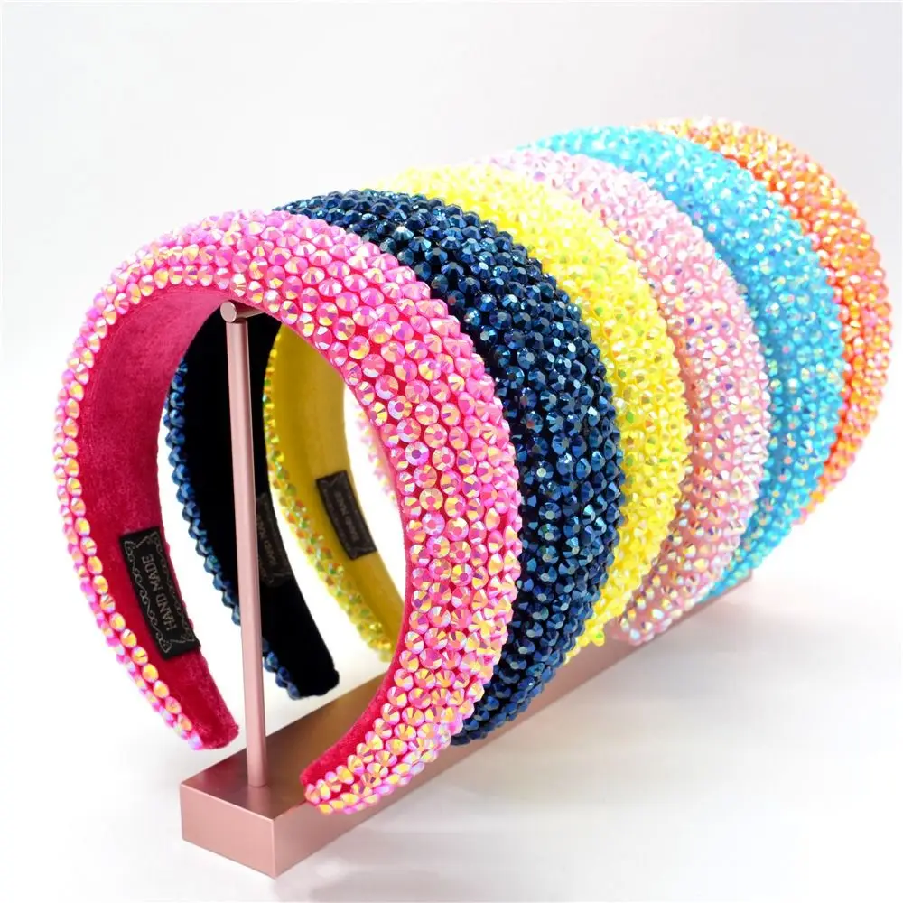 

Candy Colors Wide Brim Full Rhinestone Headband Padded Design Handmade Baroque Headdress Thickened Shiny Women Head Hoop Wedding
