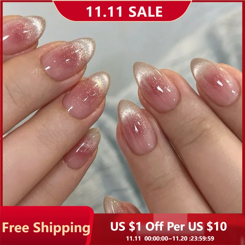 

24Pcs Handmade Press on Nails French Cat-Eye with Flash Blush Full Coverage Nail Tips for Women&Girl Removable Wearable Nail
