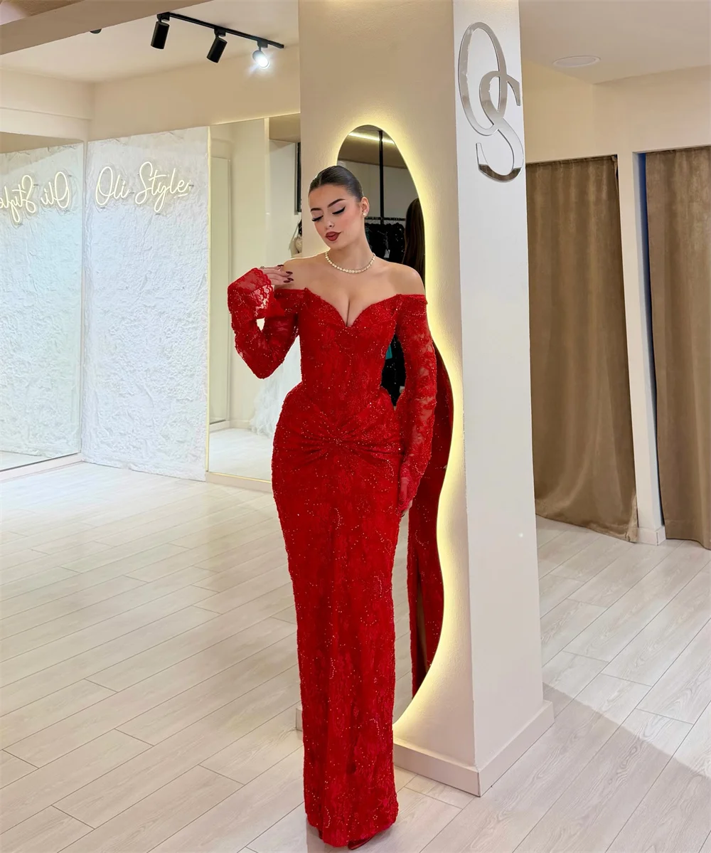 Cathy Aangepaste Rode Prachtige Kant Zeemeermin Prom Dress Uit De Schouder Lange Mouwen vestidos de noiva Vloerlengte Formele 2025