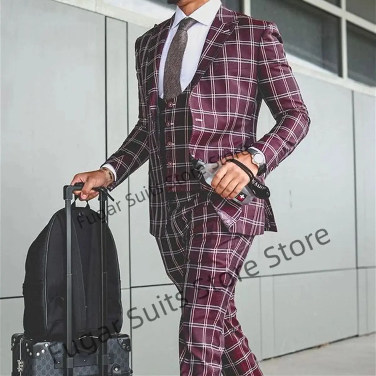 Handsome Wine Red Plaid Wedding Suits For Men Slim Fit Peak Lapel Groom Tuxedos 3 Pieces Sets Business Male Blazer Costume Homme