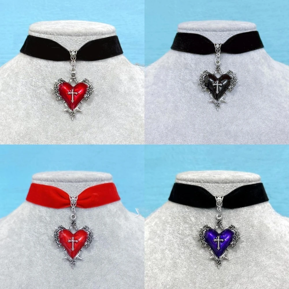 Personnalité gothique couleur argent liquide métal Rose dentelle grand rouge en forme de coeur pendentif velours collier ras du cou pour femmes bijoux