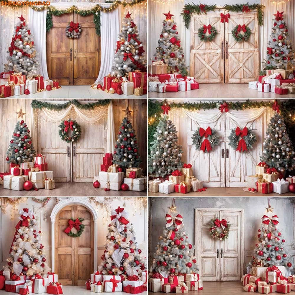 

2025 Christmas Photography Backdrops Xmas Trees Gifts Wreath Photo Studio Backgrounds Wooden Door Decoration Back Drop