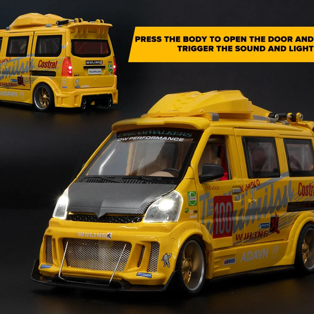 1/24 versi dimodifikasi Wuling Van Diecast Model mobil logam campuran untuk anak laki-laki kendaraan mainan anak-anak suara lampu hadiah laki-laki perempuan Teman