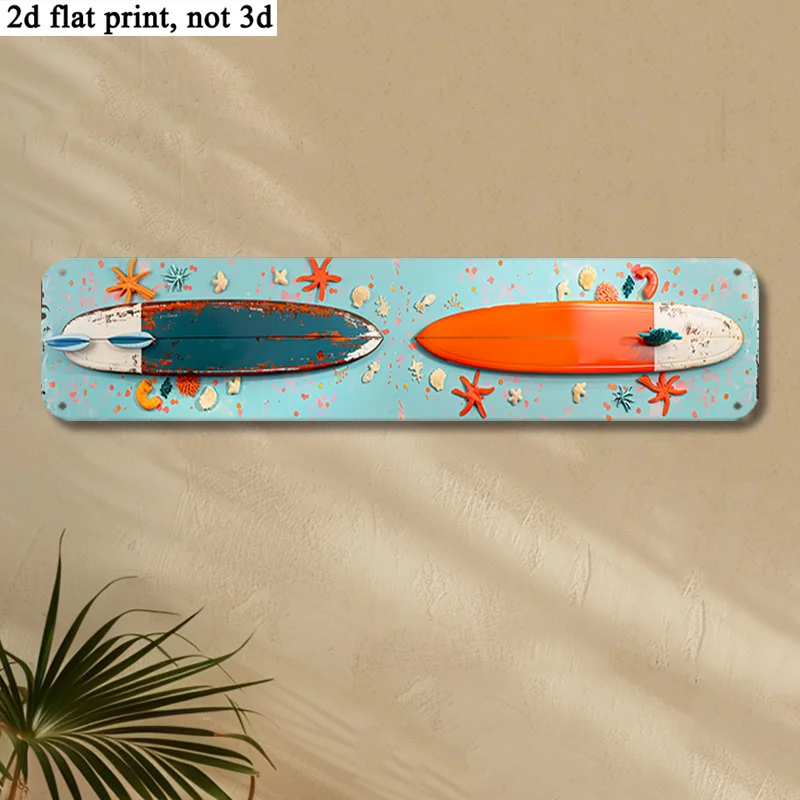 2D Flache Aluminium-Metall-Wandkunst, Lebendiges Design mit Surfbrett und Korallenriff, Nautische Strand-Themen-Dekoration für Wohnzimmer, Küche