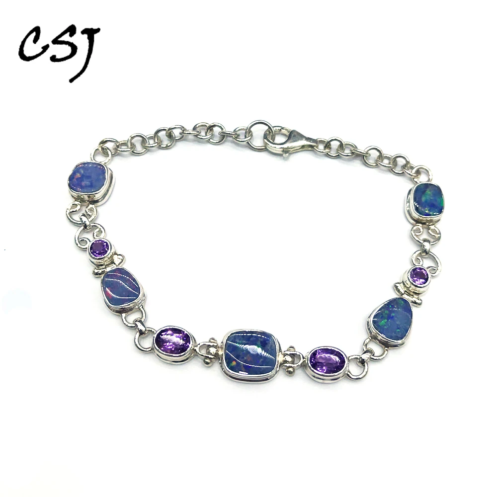 CSJ Irregular Natural Australia Opal Bracelet Sterling 925 Silver Amethyst Handmade Jewelry for Women Birthday Party Gift