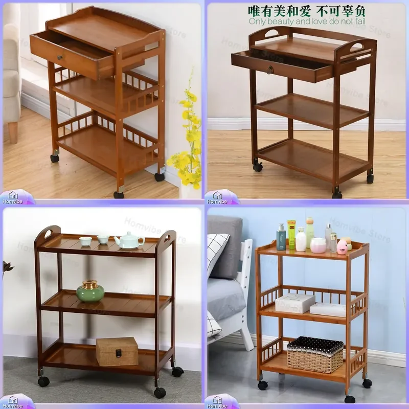 for Nanzhu Mobile Dining Cart Hot Pot Rack Kitchen Beauty Salon Hotel Tea Solid Wood Three Layer Serving Trolley