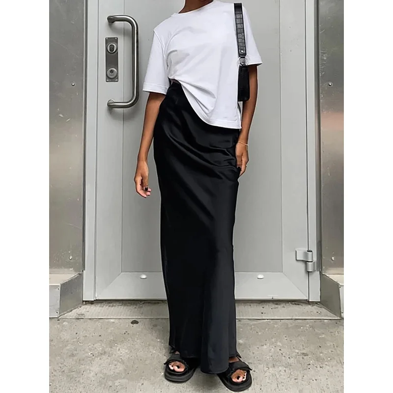 Office Lady Black Straight Skirts For Women 2026 Street Chic Solid Satin Long Skirt Casual High Waist Floor-Length Skirts