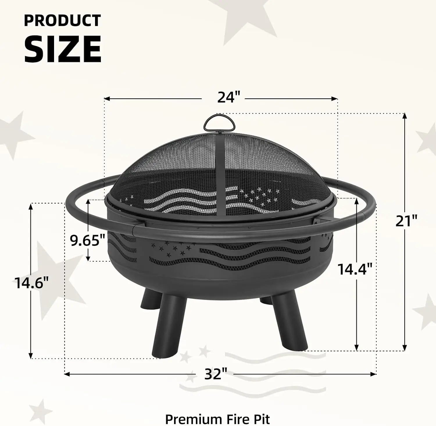 Breezz 32 Inch American Flag Fire Pit with Mesh Cover & Poker, Round Metal Wood Burning Outdoor Firepit for Patio, Garden, Backy