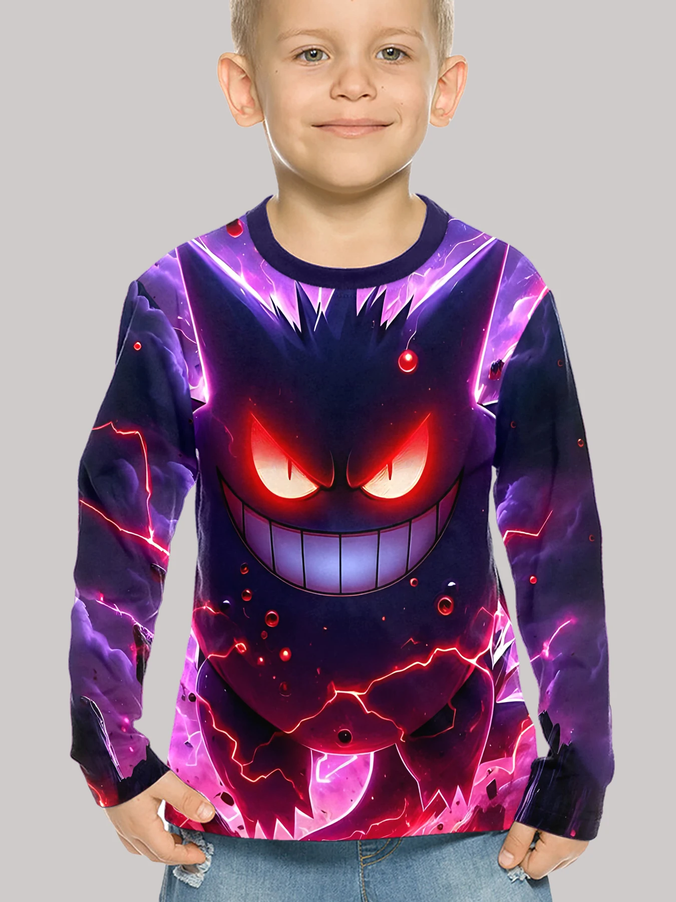 Evil Spirit Gengars 3D Print Children T-Shirt Long Sleeve Spring Fall Clothes Casual Round Neck Boys and Girls Tops