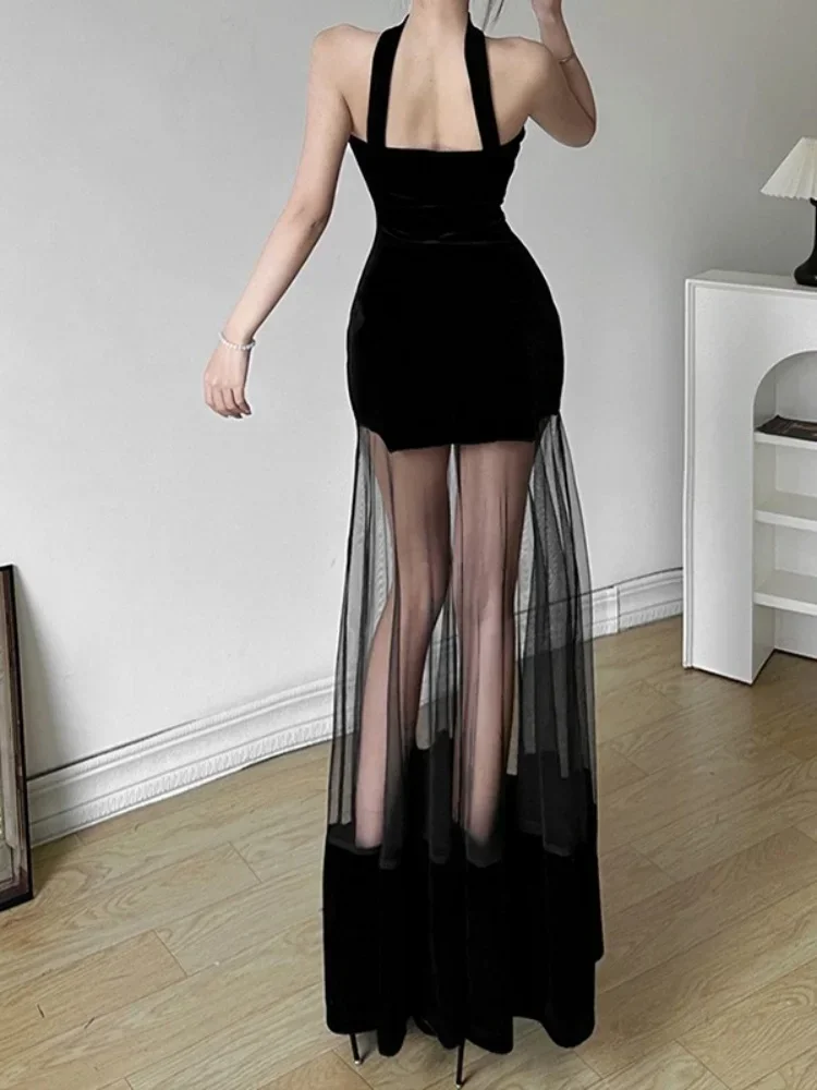 

Slim Fit Mesh Black Dress For Women See Through Evening Party Clothing Neck-Mounted Pendulum Vestidos De Mujer Robe Femme Été