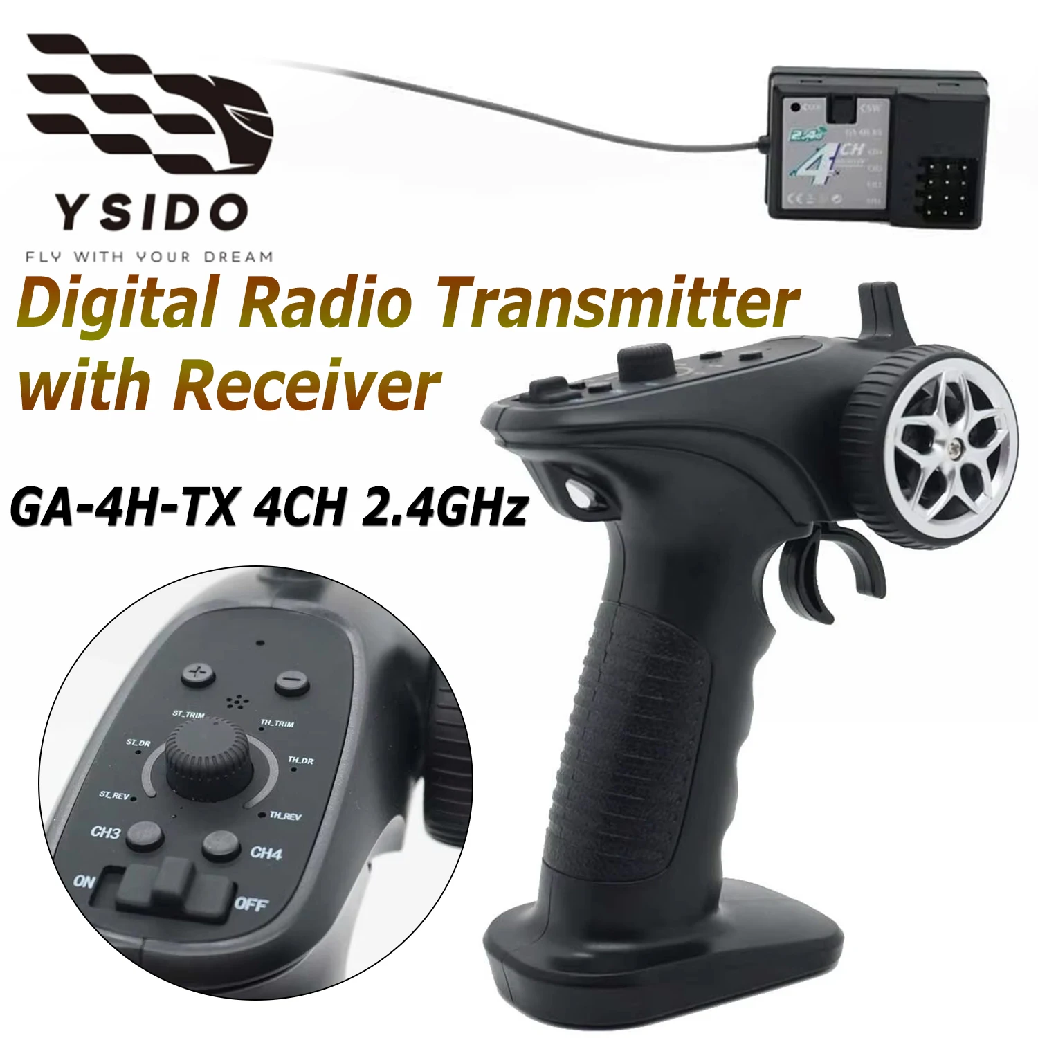 YSIDO GA-4H-TX 4CH 2.4GHz Digital Radio Transmitter with Receiver for 1/8 1/10 1/16 1/32 RC Car Boat Tanks Upgrade Model Parts