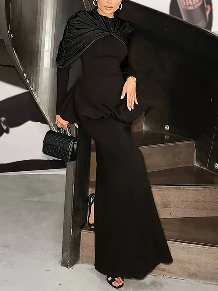 Atasan Wanita Lengan Panjang Kerah O + Rok Set Dua Potong Wanita Seksi Slim Fit Setelan Pesta Koktail FashionTemperamen Musim Gugur Pakaian Solid