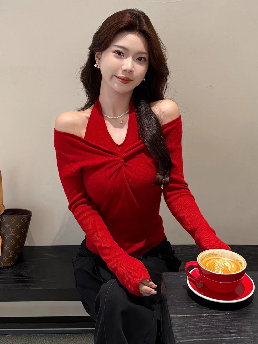 

Red Knot Fake Two-Piece Hanging Ne Knitted Sweater Women's Autumn Winter Long Sve Design oulder Exposure Elegance Base...