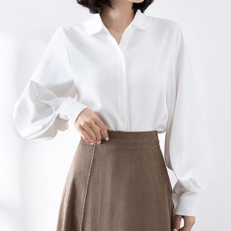 

Autumn Winter Vintage Velvet Women's Blouse 2025 New White Lantern Sleeve Turn-down Collar Casual Loose Korean Shirt Female