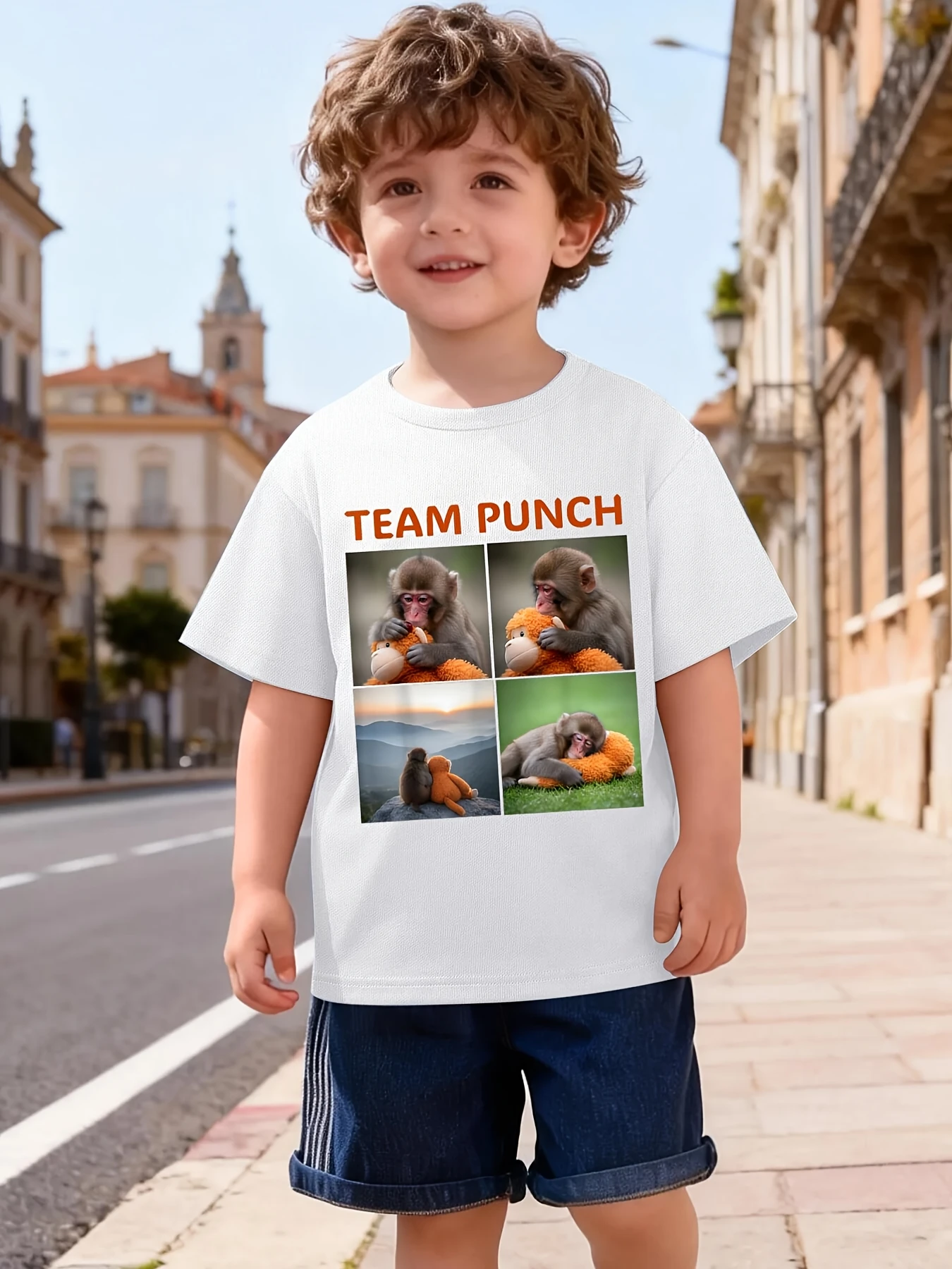Four Grid Monkey And Stuffed Bear Graphic T Shirt Boys Girls Trendy Short Sleeve Tee Family Matching Kids Casual Cotton Tops