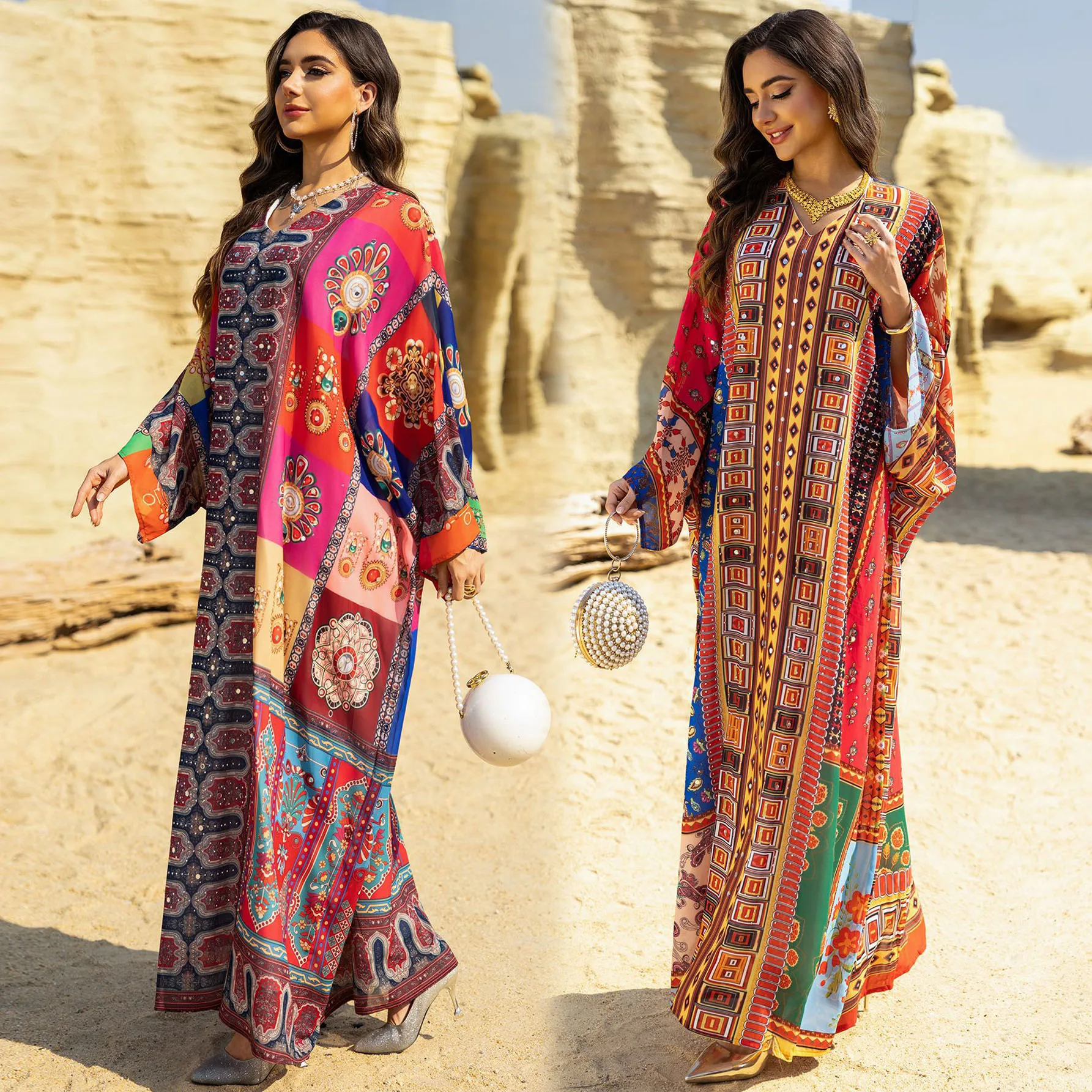 Abaya caftano africano in chiffon stampato per donna, festa serale in stile etnico hotfix con strass, caftano Ramadan Eid, abito arabo islamico