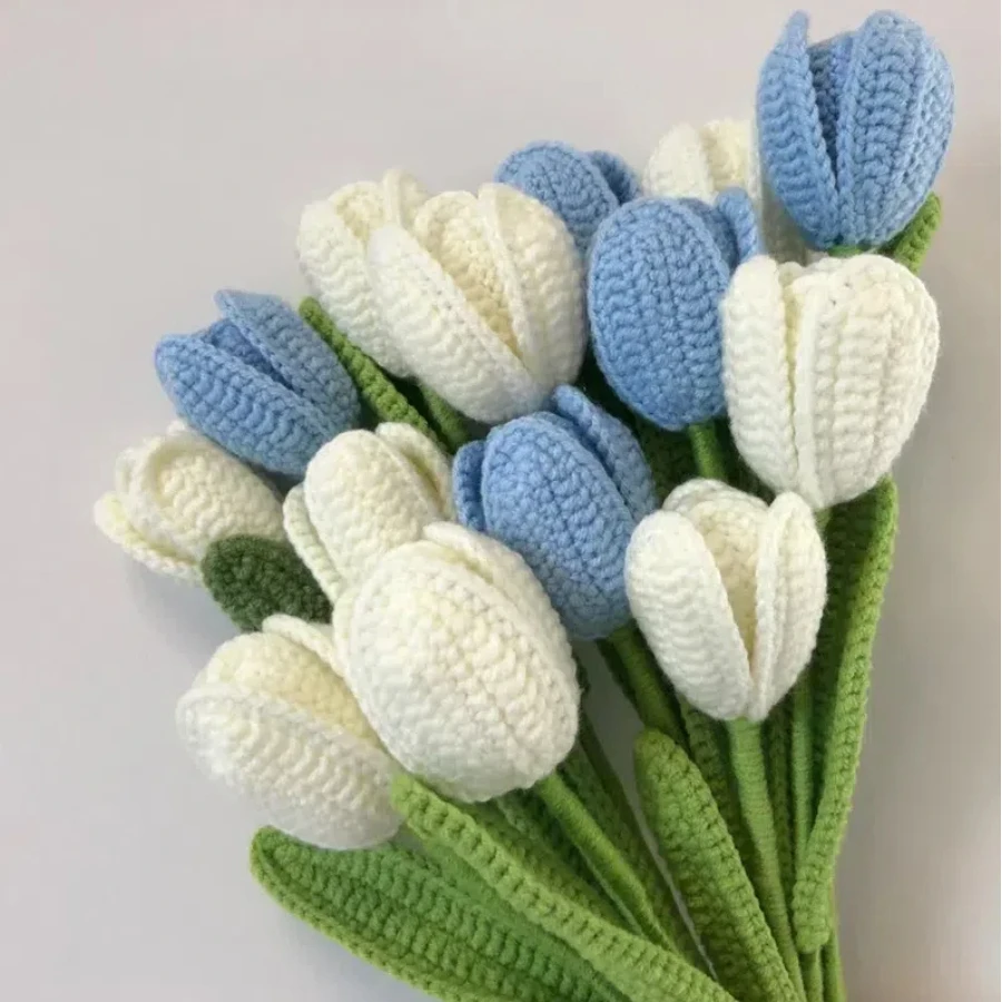 1PC Crochet Tulips Flower Hand-knitted Artificial Flower Bouquet Fake Flower for Home Vase Decoration Christmas New Year Gifts