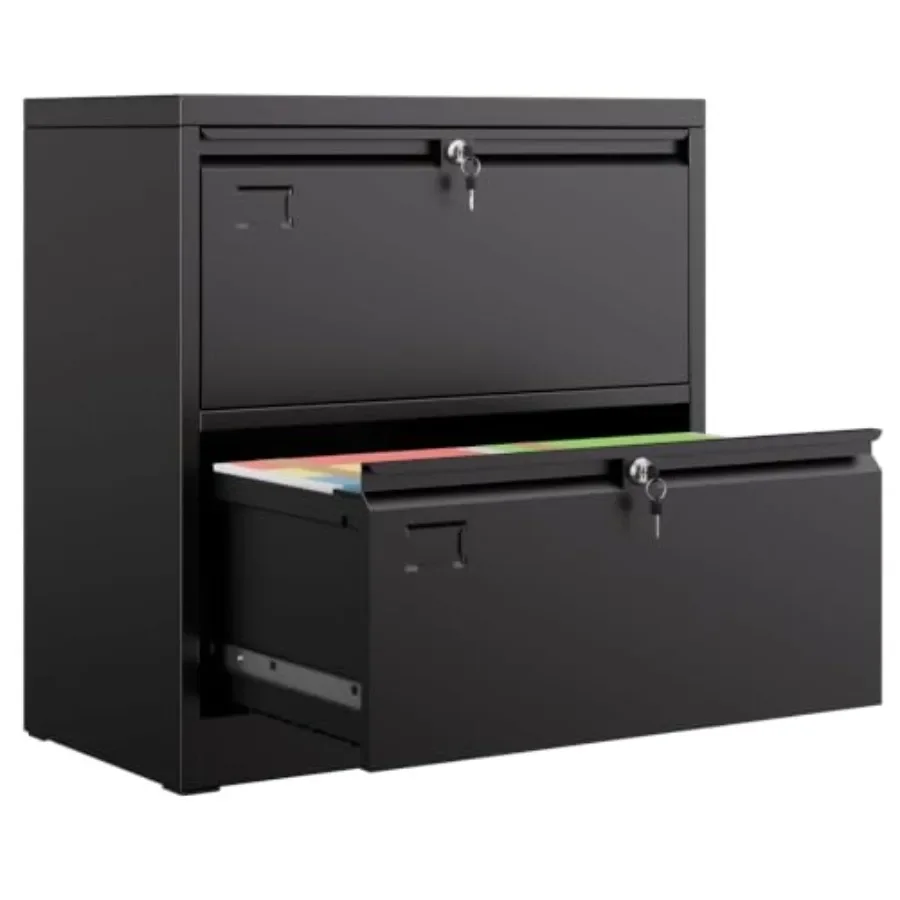 2 Drawer Lateral File Cabinet with Lock, Black Metal Lockable Filing Cabinet for Home Office, Heavy Duty Steel Wide File Cabine