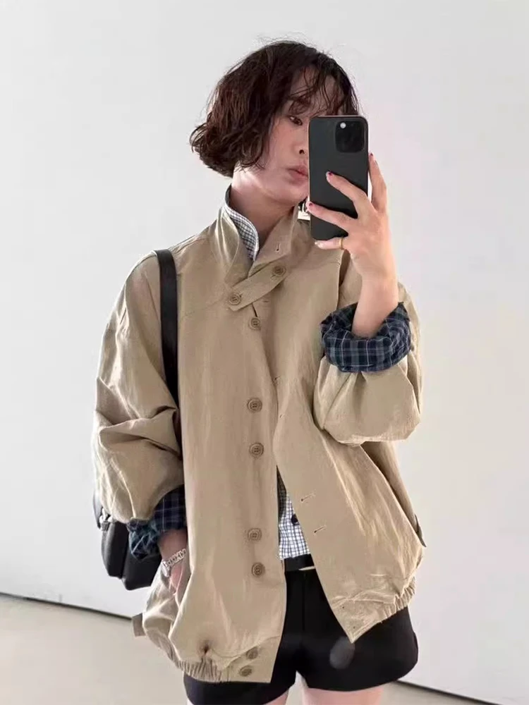 

Retro Chic Autumnal Women's Long Sve Loose Fit Stand Collar Patchwork Plaid Jaet Outerwear Sli Commute Faion