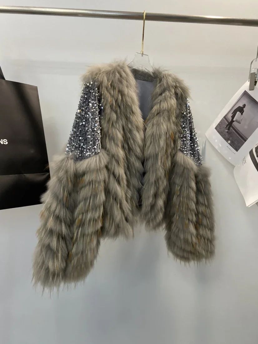 جديد الراكون الشعر سيارة شرائط معطف جلد فاخر خفيف للنساء + تصميم الترتر الصناعة الثقيلة