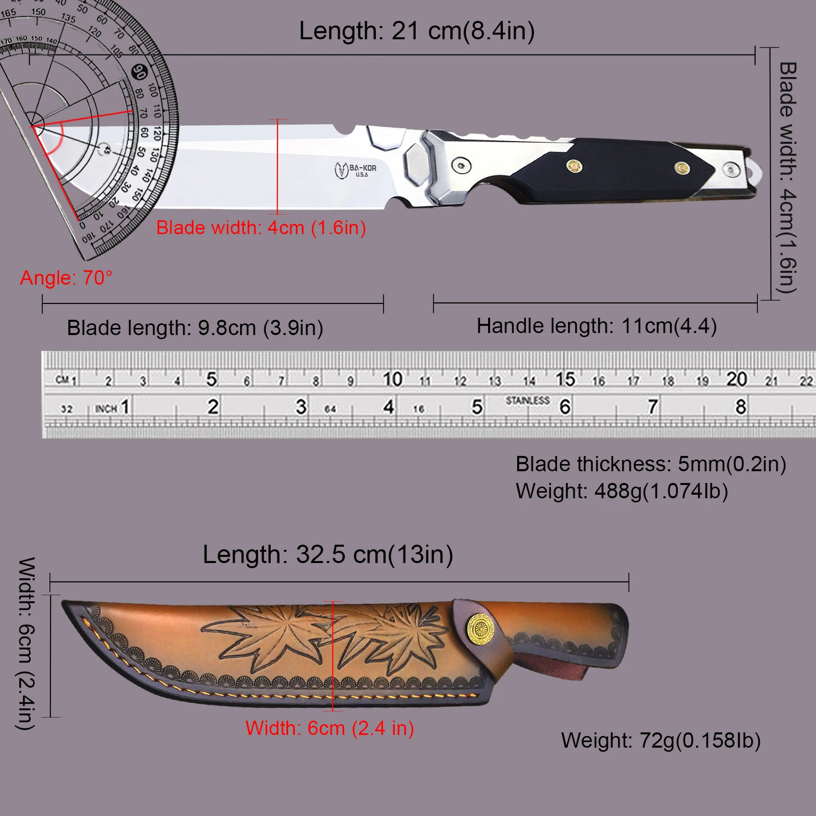 BA-KOR USA 9CR18MOV All-Tang Manual 5mm multi-purpose outdoor knife + sheath, jungle survival knife, tool knife