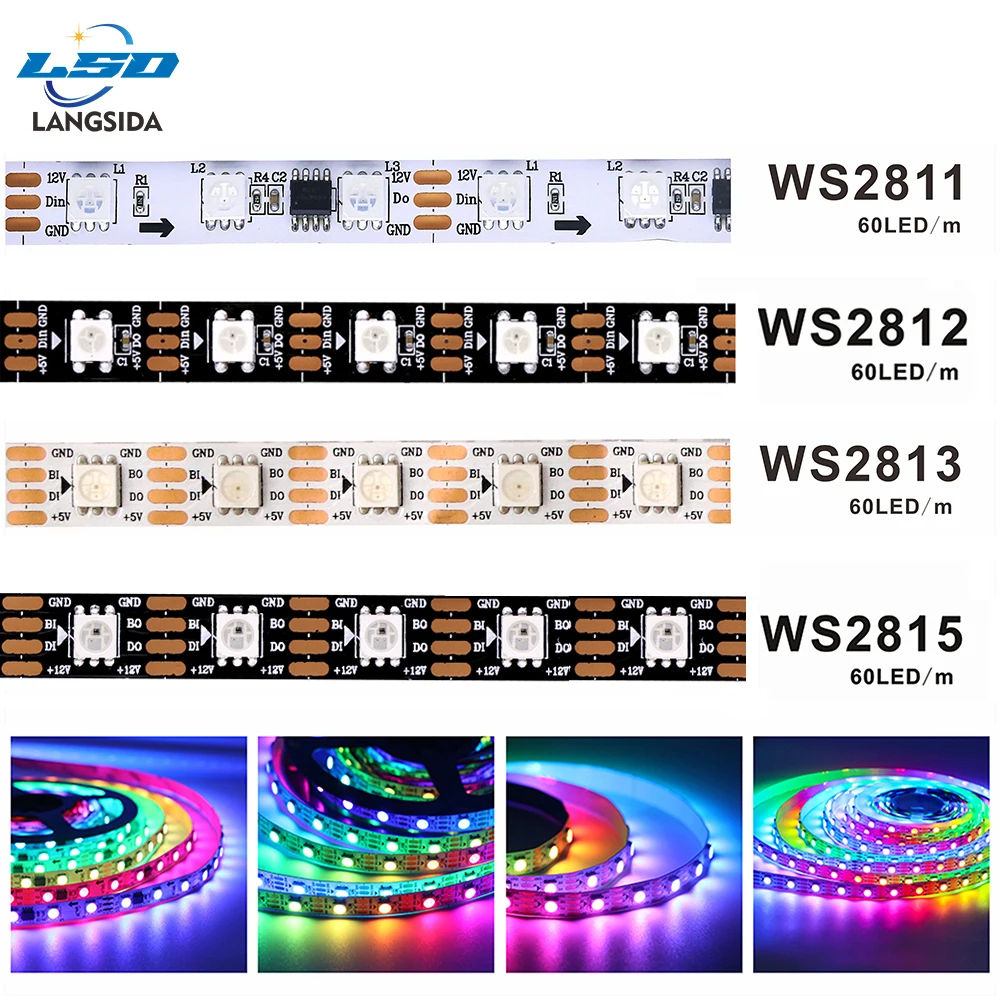 RGB 5050 IC WS2811 WS2812 WS2815 WS2813 30/60/144Pixels/Leds/m DC5V/12V LightIndividually Addressable Full Tape Color Led Light