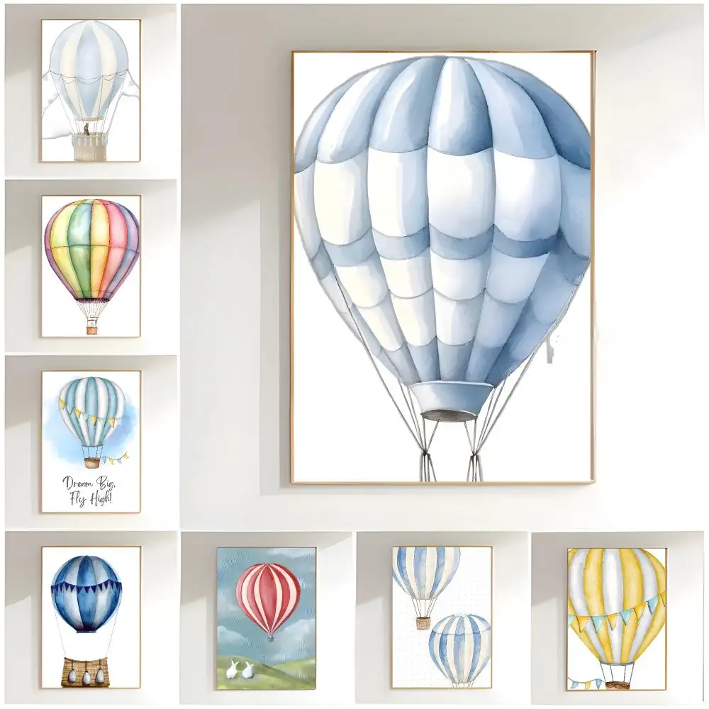 cute illustration h-hot air balloon plane train nordic Poster Classic Wall Art  Home Decor  Peel and Stick Unframed