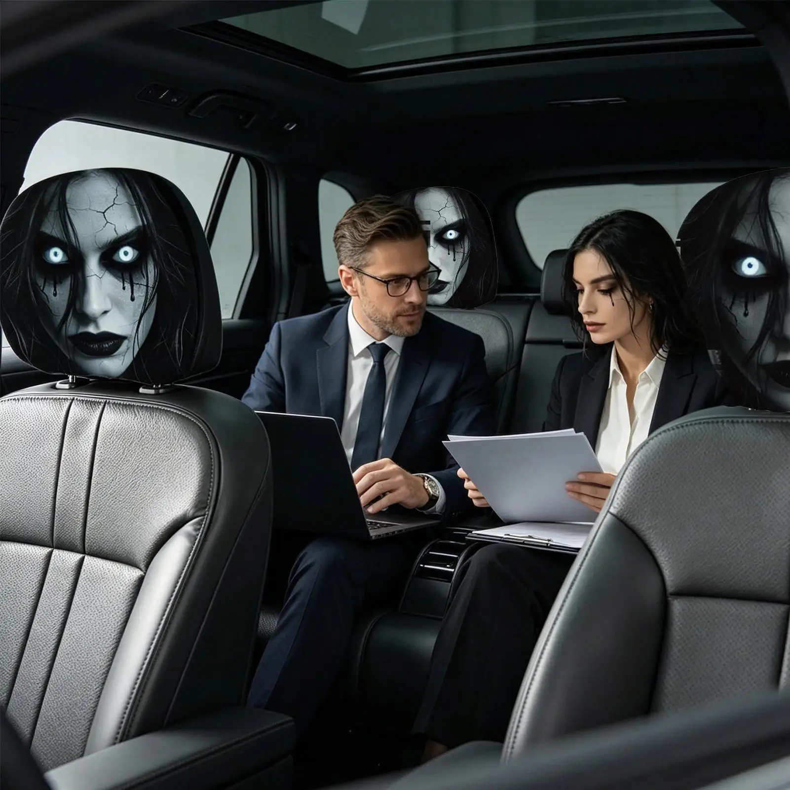 2pcs Horror Ghost Face Car Headrest Covers Washable Elastic Fabric Universal Fit Spooky Halloween Car Accessories